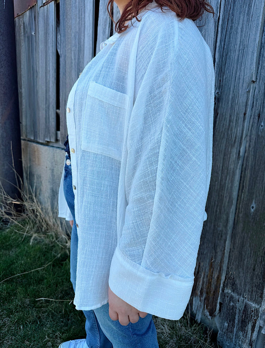 Curvy - Dolman Sleeve Button Down Gauze Shirt
