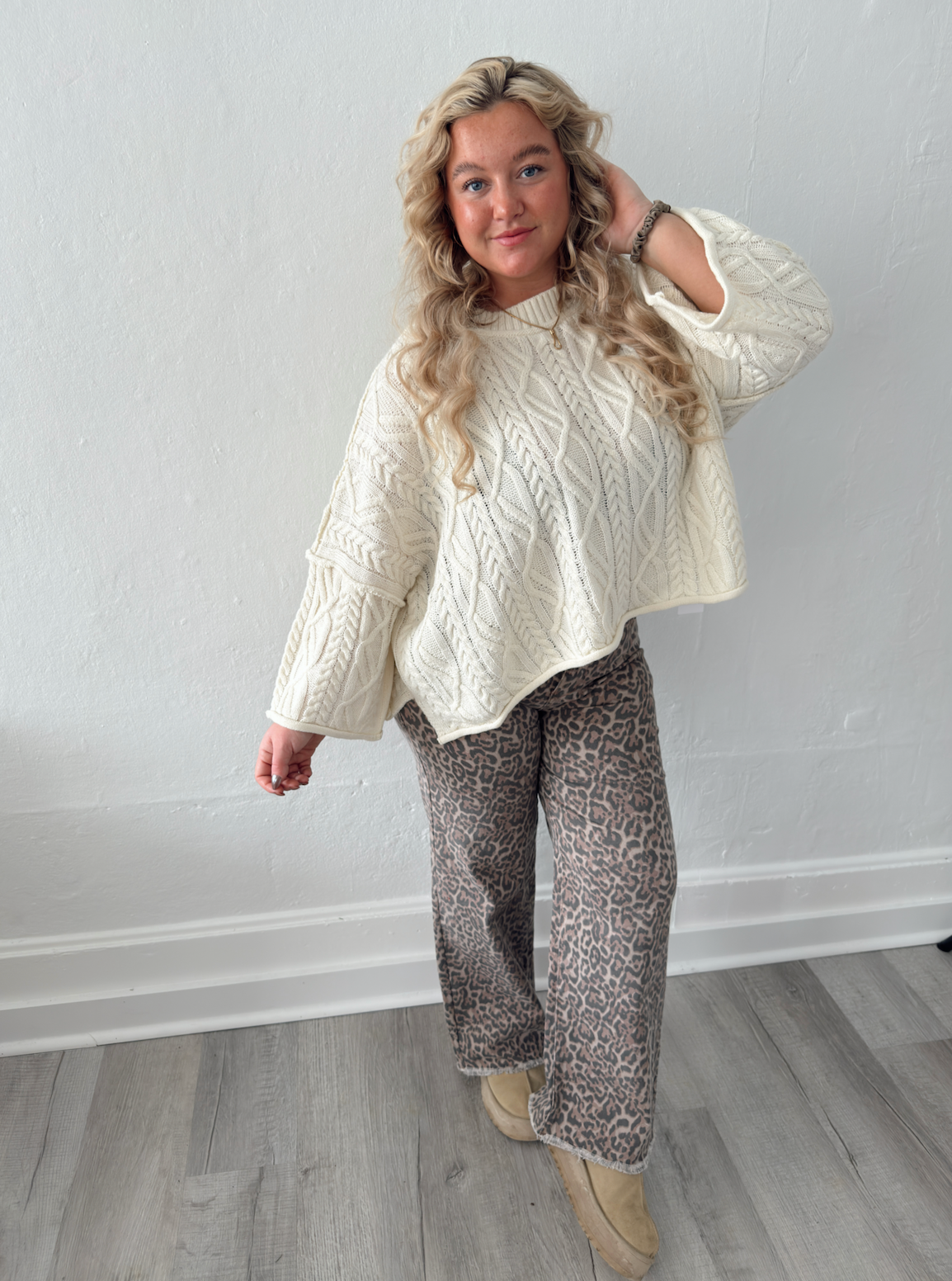Brown Leopard Frayed Edge Wide Leg High Waist Jeans
