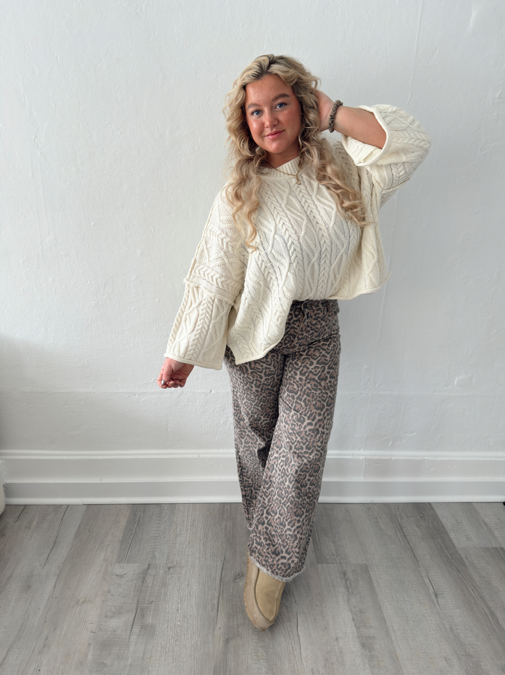 Brown Leopard Frayed Edge Wide Leg High Waist Jeans