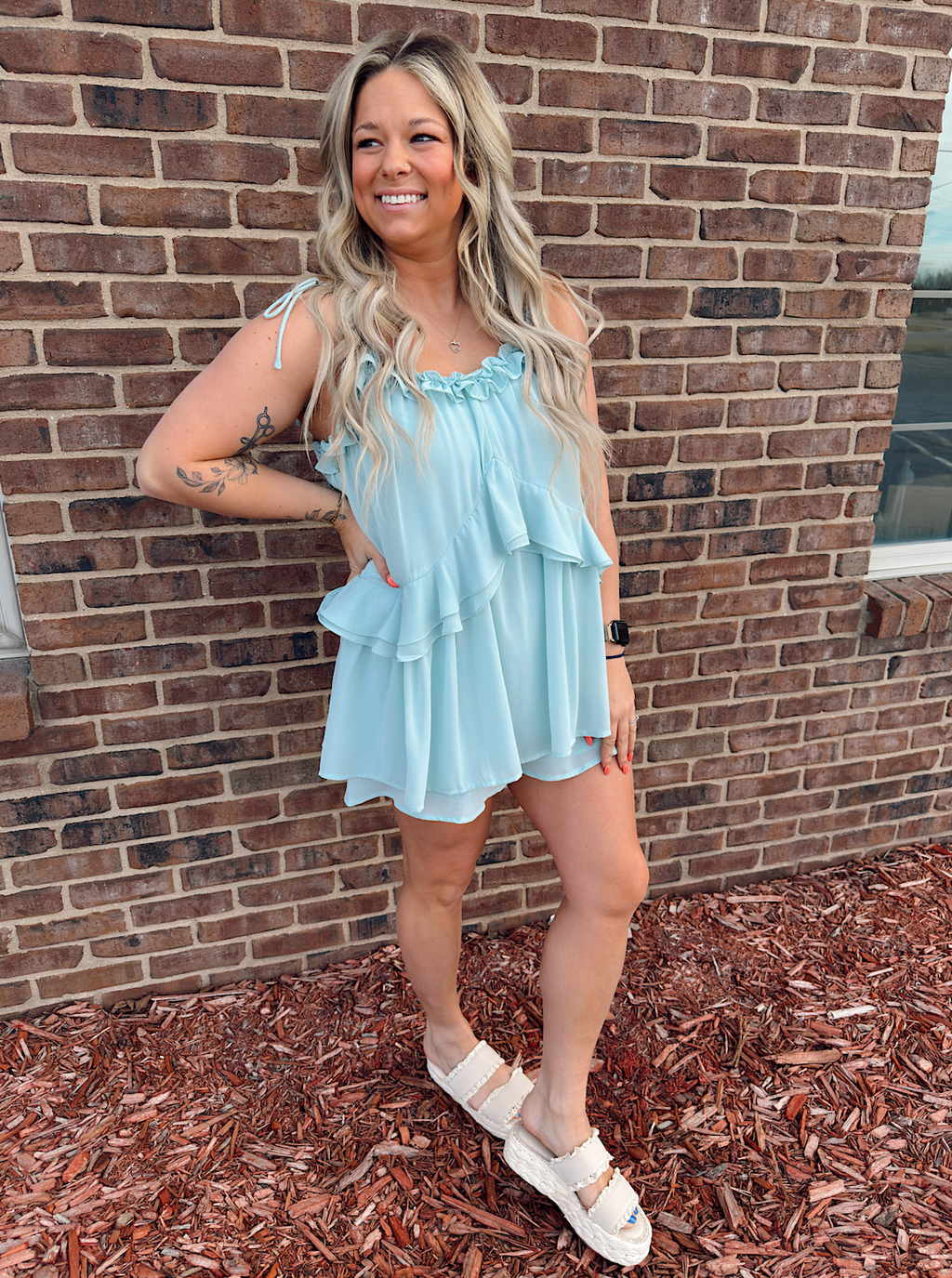 Ruffle Detail Shoulder Tie Flare Romper