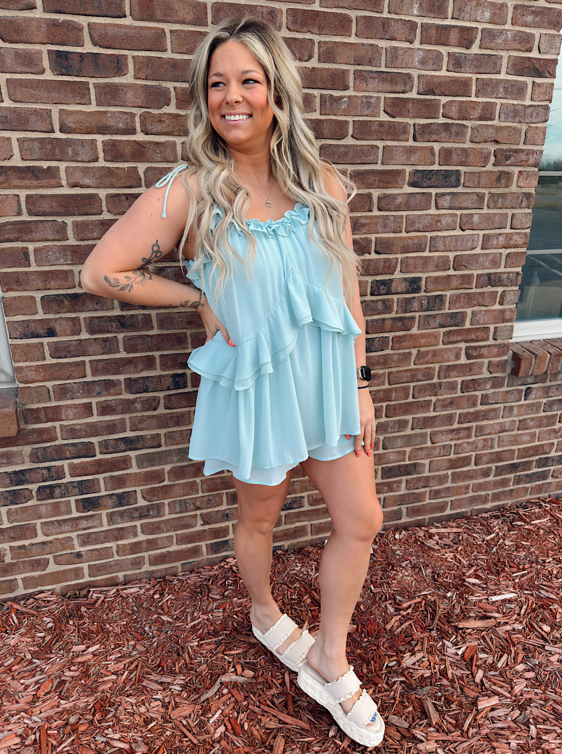 Ruffle Detail Shoulder Tie Flare Romper