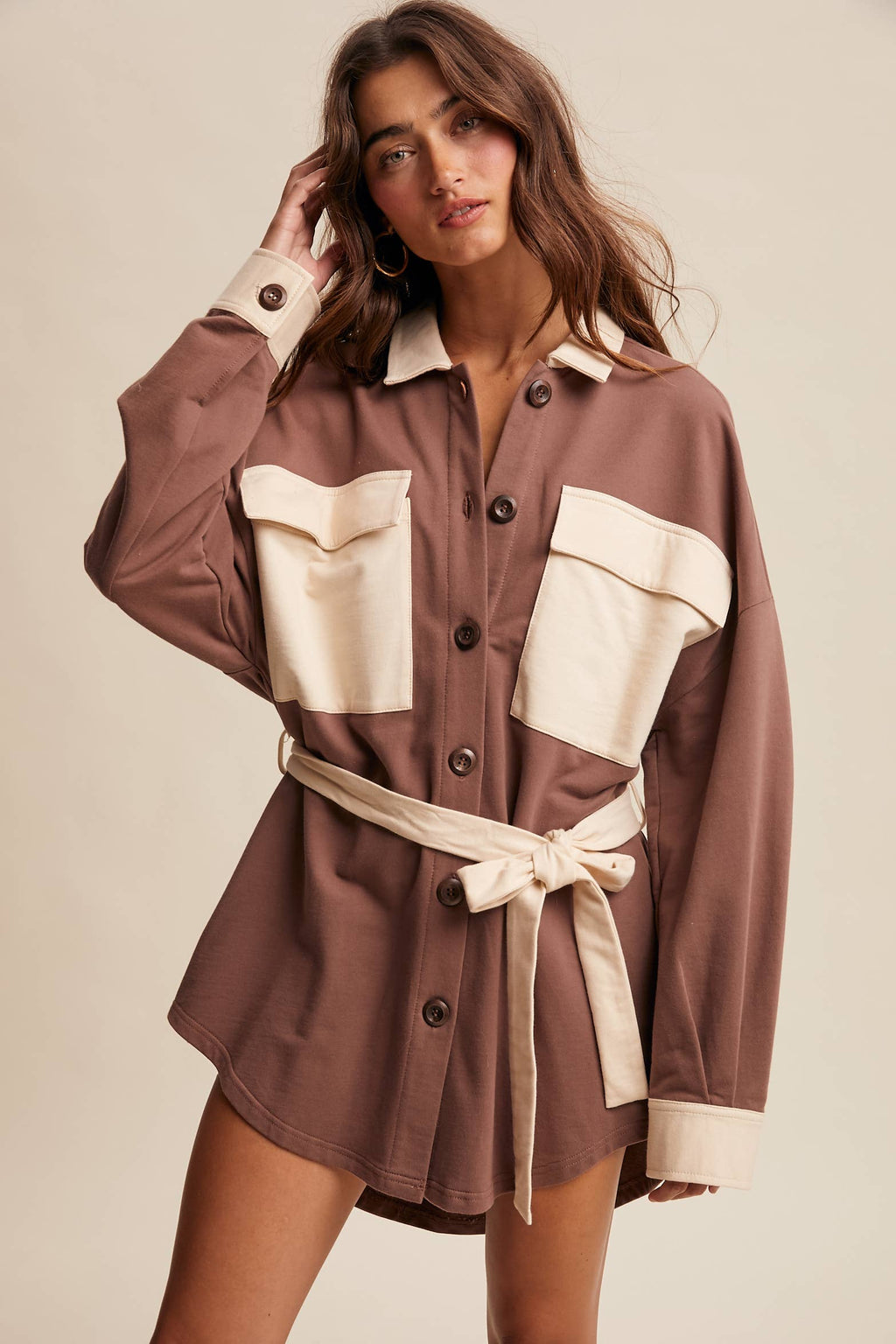 Contrast Belted Shirt Jacket Shacket