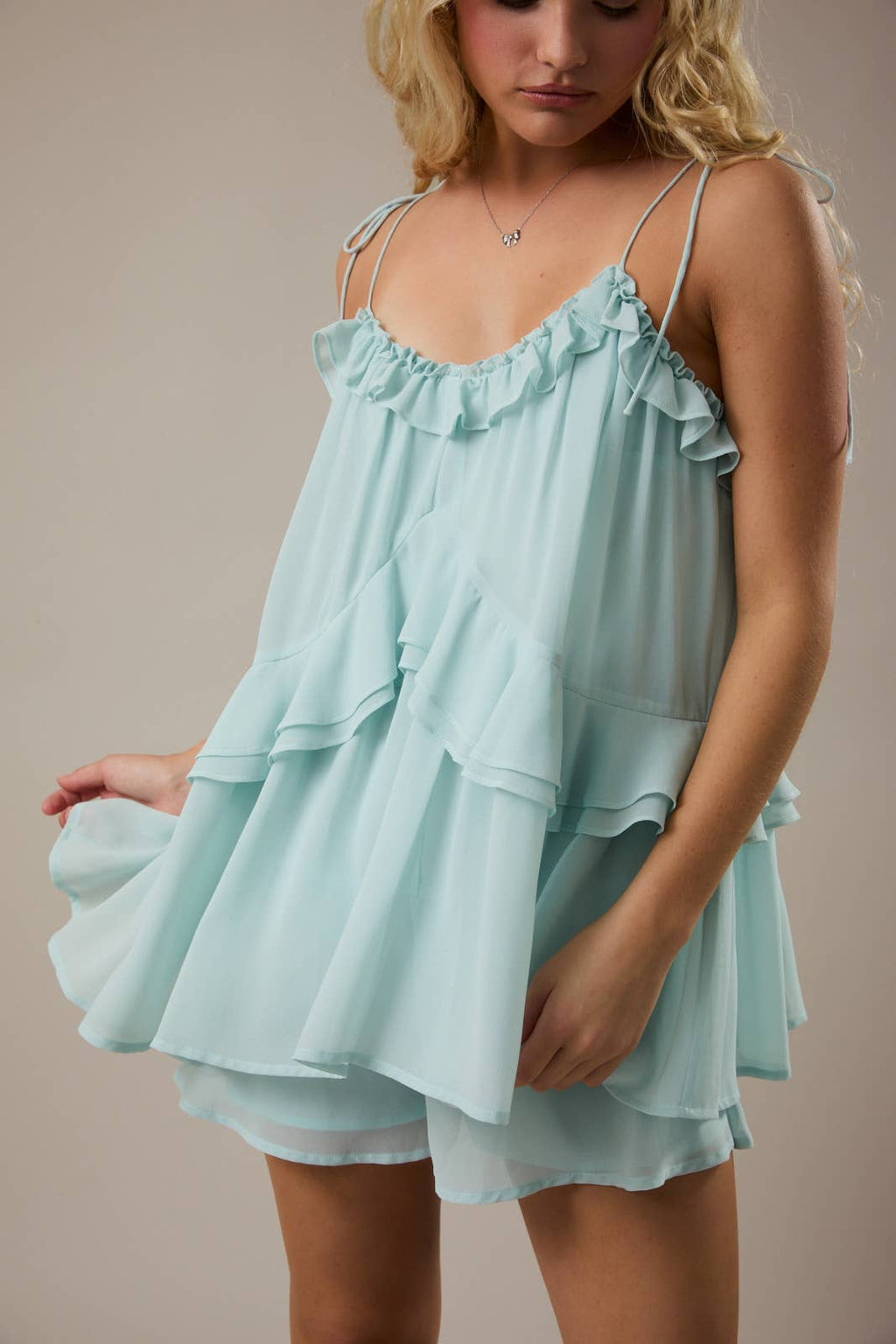 Ruffle Detail Shoulder Tie Flare Romper