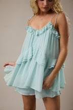 Ruffle Detail Shoulder Tie Flare Romper